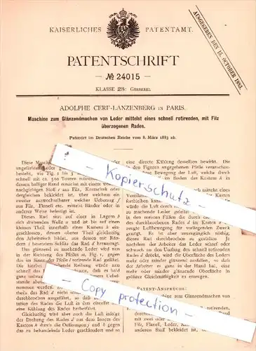 Original Patent  - Adolphe Cerf-Lanzenberg in Paris , 1883 , Gerberei !!!