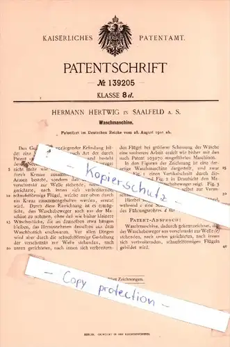Original Patent  - Hermann Hertwig in Saalfeld a. S. , 1901 , Waschmaschine !!!