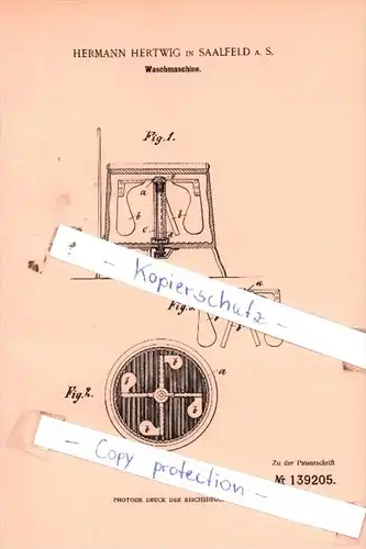 Original Patent  - Hermann Hertwig in Saalfeld a. S. , 1901 , Waschmaschine !!!