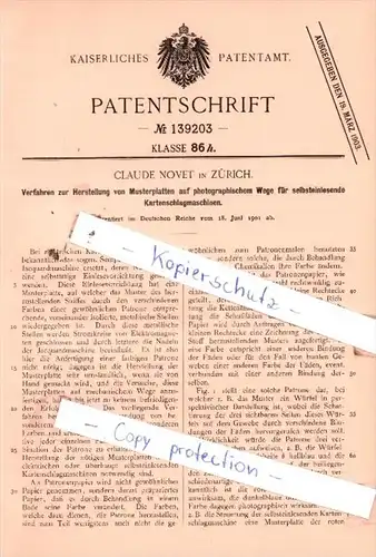 Original Patent  - Claude Novet in Zürich , 1901 , Herstellung von Musterplatten !!!