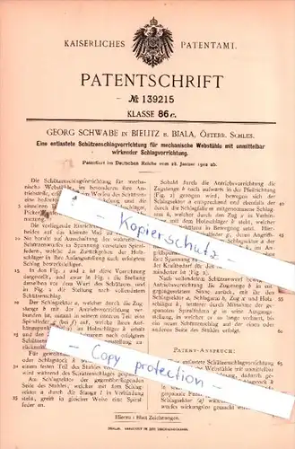 Original Patent  - Georg Schwabe in Bielitz b. Biala, Österr. Schles. , 1902 , Webstühle !!!