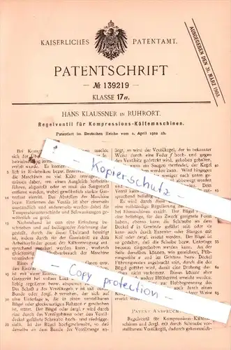 Original Patent  - H. Klaussner in Ruhrort , 1902 , Regelventil für Kompressions-Kältemaschinen !!!
