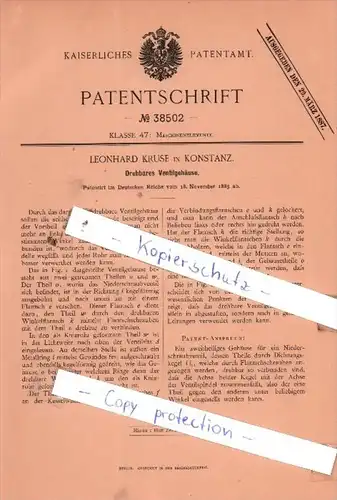 Original Patent  - Leonhard Kruse in Konstanz , 1885 , Drehbares Ventilgehäuse !!!