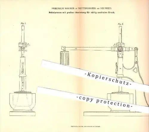 original Patent - Fr. Meurer , Nettehammer / Neuwied , 1878 , Hebelpresse mit großer Ausladung , Presse , Pressen !!