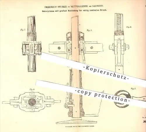 original Patent - Fr. Meurer , Nettehammer / Neuwied , 1878 , Hebelpresse mit großer Ausladung , Presse , Pressen !!