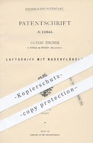 original Patent - G. Fischer , Rühle  Bevern / Holzminden 1880 , Luftschiff mit Ruderflügel , Ruder , Flügel , Luftfahrt