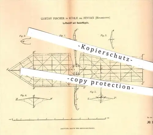 original Patent - G. Fischer , Rühle  Bevern / Holzminden 1880 , Luftschiff mit Ruderflügel , Ruder , Flügel , Luftfahrt