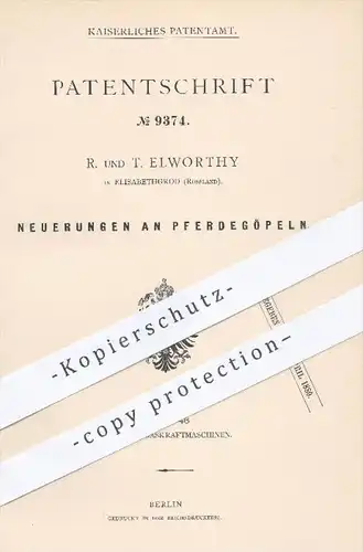 original Patent - R. u. T. Elworthy in Elisabethgrod , Russland , 1879 , Pferdegöpel , Pferd , Pferde , Kutsche , Wagen