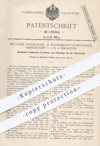 original Patent - Deutsche Talsperren- & Wasserkraft -Verw. GmbH , Hannover 1899 , Filter- u. Kläranlage für Trinkwasser