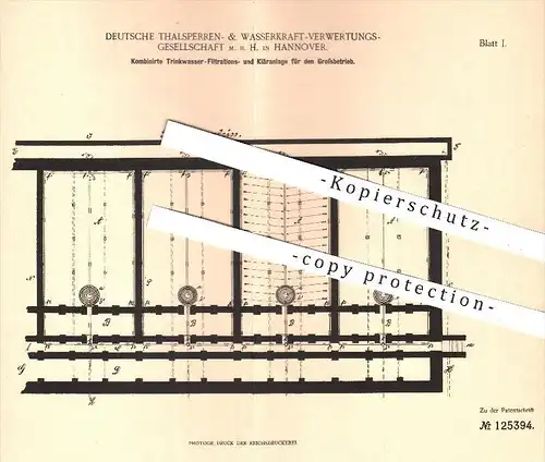 original Patent - Deutsche Talsperren- & Wasserkraft -Verw. GmbH , Hannover 1899 , Filter- u. Kläranlage für Trinkwasser