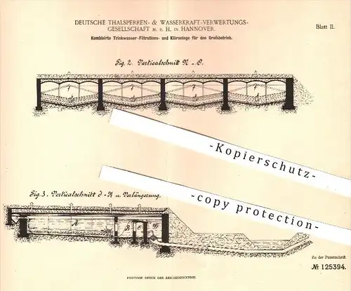 original Patent - Deutsche Talsperren- & Wasserkraft -Verw. GmbH , Hannover 1899 , Filter- u. Kläranlage für Trinkwasser