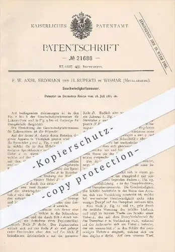 original Patent - F. W. Axel Erdmann , H. Ruperti , Wismar , 1881 , Geschwindigkeitsmesser , Lokomotive , Schiffe !!!