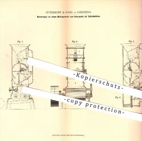 original Patent - Hünerkopf & Sohn in Nürnberg , 1880 , Messapparat zum Gebrauch von Schrotmühlen , Mühle , Mühlen !!!