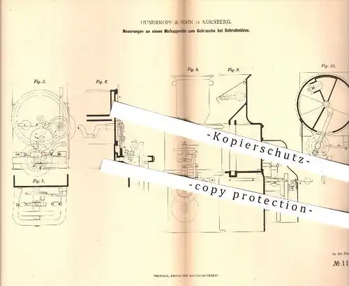 original Patent - Hünerkopf & Sohn in Nürnberg , 1880 , Messapparat zum Gebrauch von Schrotmühlen , Mühle , Mühlen !!!