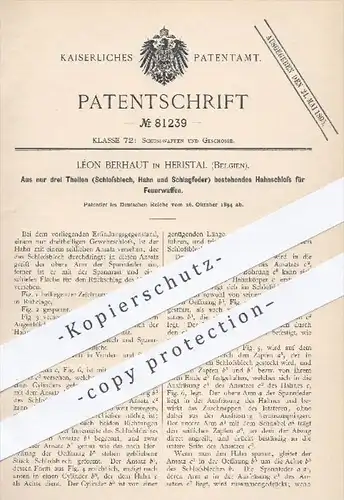 original Patent - Léon Berhaut in Heristal , Belgien , 1894 , Hahnschloss für Feuerwaffen , Waffen , Gewehre , Gewehr !