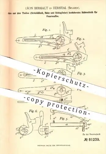 original Patent - Léon Berhaut in Heristal , Belgien , 1894 , Hahnschloss für Feuerwaffen , Waffen , Gewehre , Gewehr !