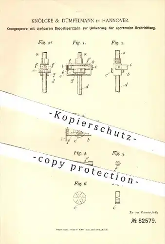 original Patent - Knölcke & Dümpelmann , Hannover 1894 , Krongesperre mit Doppelsperrzahn zur Umkehrung der Drehrichtung