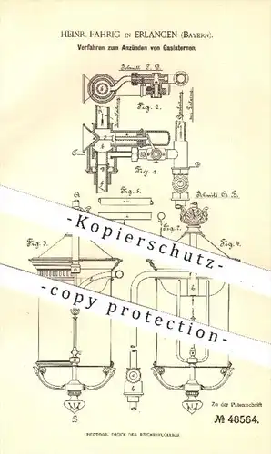 original Patent - H. Fahrig , Erlangen , 1888 , Anzünden von Gaslaternen , Laterne , Gas , Lampen , Licht , Beleuchtung