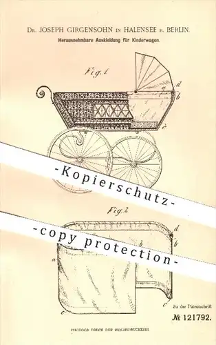 original Patent - Dr. Joseph Girgensohn , Halensee / Berlin , 1900 , Herausnehmbare Auskleidung für Kinderwagen , Kinder