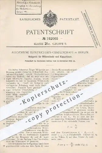 original Patent - Allgemeine Elektrizitäts-Ges. , Berlin , 1905 , Messgerät für Widerstand u. Kapazitäten , Ohm , Strom