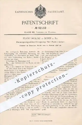 original Patent - Franz Holzke in Bonn , 1896 , Bewegungsübertragung für Fahrräder , Fahrrad , Antrieb , Pedal , Kurbel