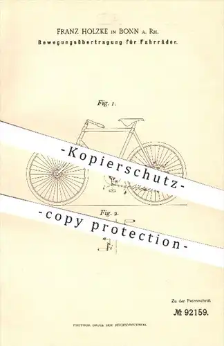 original Patent - Franz Holzke in Bonn , 1896 , Bewegungsübertragung für Fahrräder , Fahrrad , Antrieb , Pedal , Kurbel