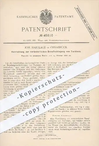 original Patent - J. Hartlage , Osnabrück , 1888 , veränderliche Beaufschlagung von Turbinen , Turbine , Kraftmaschinen