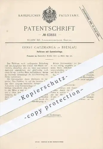 original Patent - Ernst Gatzmanga in Breslau , 1891 , Hufeisen mit Gummieinlage , Pferd , Pferde , Eisen , Huf - Schmied
