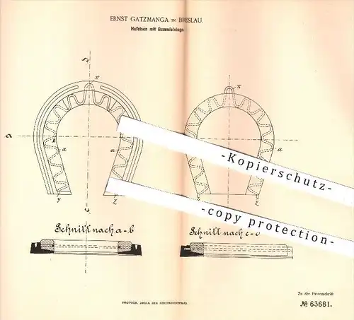 original Patent - Ernst Gatzmanga in Breslau , 1891 , Hufeisen mit Gummieinlage , Pferd , Pferde , Eisen , Huf - Schmied