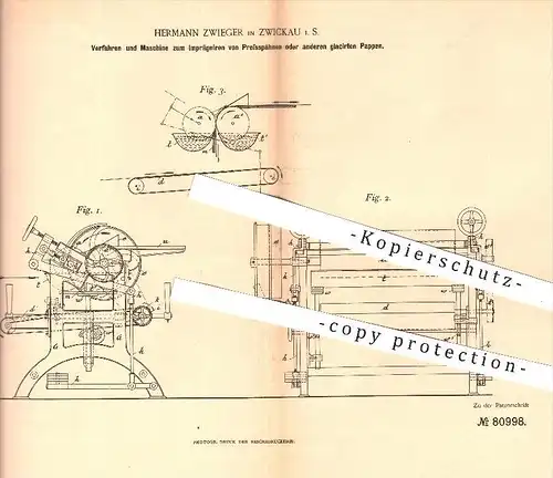 original Patent - H. Zwieger , Zwickau  1894 , Imprägnieren von Pressspänen o. glacierten Pappen , Papierfabrik , Papier