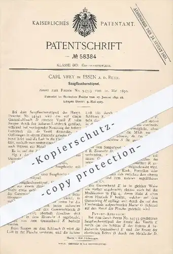 original Patent - Carl Vrey , Essen / Ruhr , 1891 , Stöpsel für Saugflaschen , Flasche , Flaschen , Gummi , Medizin !!!