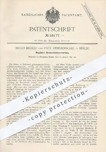 original Patent - H. Becker u. P. Liebehenschel , Berlin , 1891 , Regelbare Stromschlussvorrichtung , Strom , Elektrik !