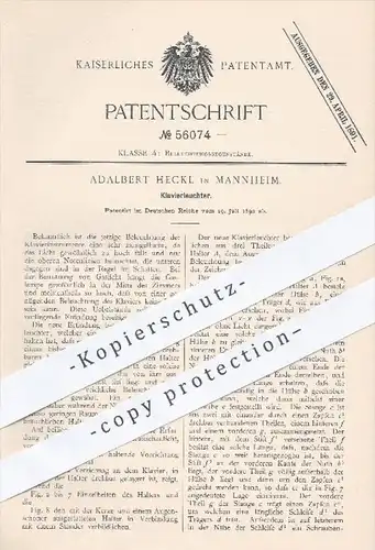 original Patent - A. Heckl , Mannheim , 1890 , Klavierleuchter , Leuchter , Klavier , Piano , Musikinstrumente , Lampen