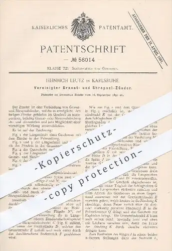 original Patent - Heinrich Leutz in Karlsruhe , 1890 , Zünder für Granaten und Shrapnel , Geschosse , Waffen , Zündung !