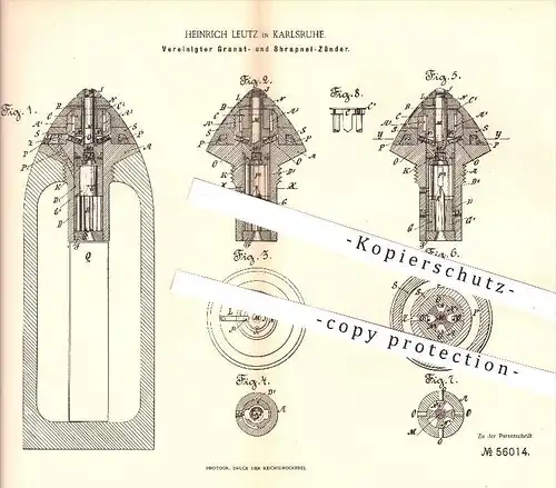 original Patent - Heinrich Leutz in Karlsruhe , 1890 , Zünder für Granaten und Shrapnel , Geschosse , Waffen , Zündung !