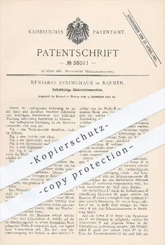 original Patent - B. Evringhaus , Barmen  1890 , Selbsttätige Räderstoßmaschine , Zahnräder , Metall , Metallbearbeitung