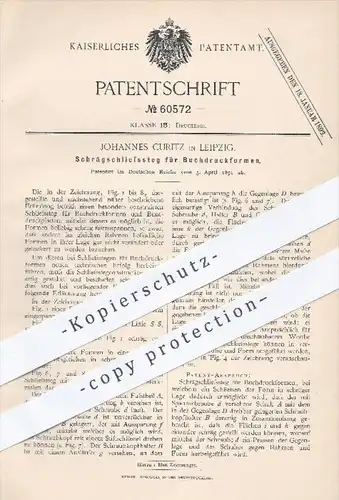 original Patent - J. Curitz , Leipzig , 1891 , Schrägschliesssteg für Buchdruckformen , Buchdruck , Druck , Druckerei !!