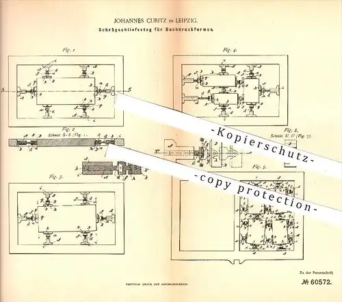 original Patent - J. Curitz , Leipzig , 1891 , Schrägschliesssteg für Buchdruckformen , Buchdruck , Druck , Druckerei !!