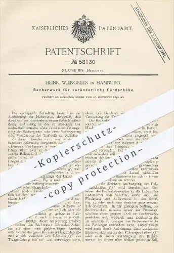 original Patent - Heinr. Wiengreen in Hamburg , 1890 , Becherwerk für veränderliche Förderhöhe , Hebewerk , Hebezeuge !!