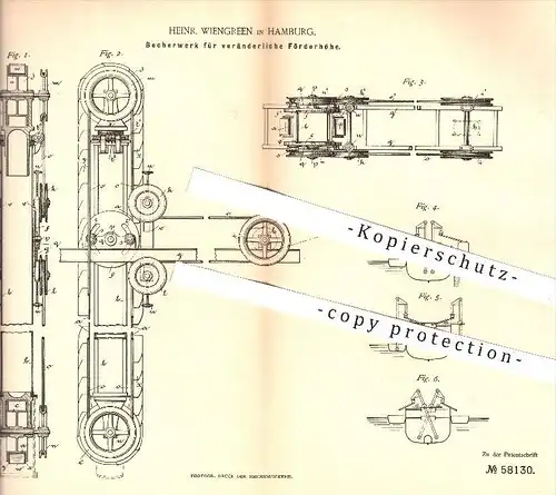 original Patent - Heinr. Wiengreen in Hamburg , 1890 , Becherwerk für veränderliche Förderhöhe , Hebewerk , Hebezeuge !!