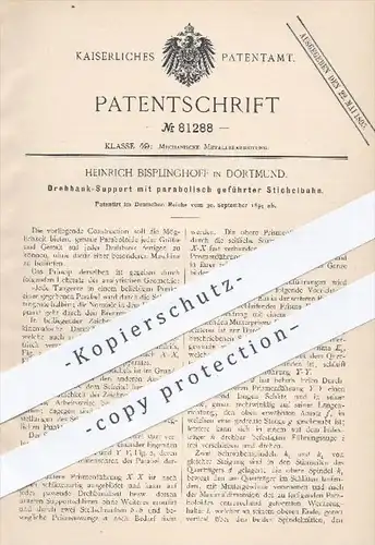 original Patent - H. Bisplinghoff , Dortmund , 1894 , Drehbank - Support mit parabolisch geführter Stichelbahn , Metall