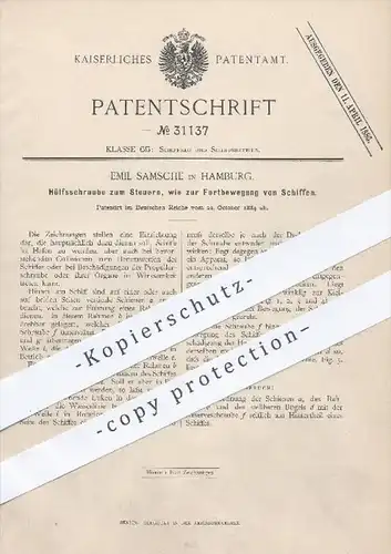 original Patent - E. Samsche , Hamburg 1884 , Hilfsschraube zum Steuern u. Fortbewegung für Schiffe , Schiff , Schiffbau