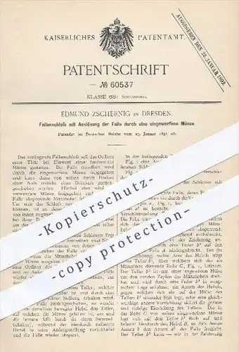 original Patent - E. Zschernig , Dresden 1891 , Fallenschloss mit Auslösung der Falle durch eingeworfene Münze , Schloss