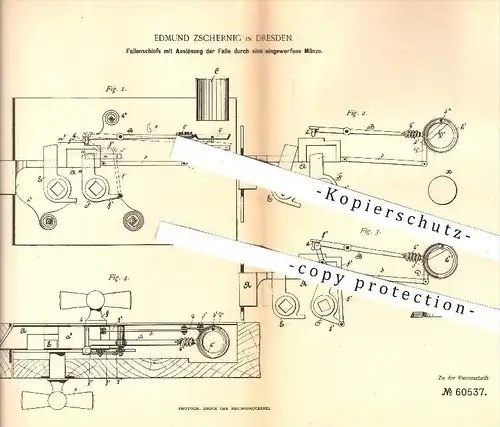 original Patent - E. Zschernig , Dresden 1891 , Fallenschloss mit Auslösung der Falle durch eingeworfene Münze , Schloss