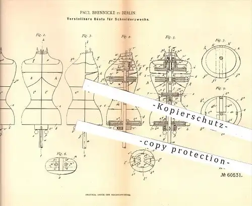 original Patent - P. Brennicke , Berlin , 1891 , Verstellbare Büste für Schneiderzwecke , Schneider , Schneiderei , Mode