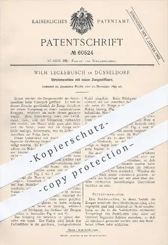 original Patent - Wilh. Leckebusch in Düsseldorf , 1890 , Strickmaschine mit neuen Zungenöffnern , Stricken , Flechten !