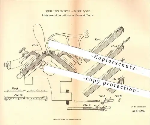 original Patent - Wilh. Leckebusch in Düsseldorf , 1890 , Strickmaschine mit neuen Zungenöffnern , Stricken , Flechten !