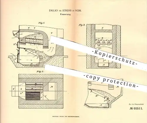 original Patent - Emilio de Strens in Rom , Italien , 1894 , Feuerung , Heizung , Ofen , Öfen , Ofenbauer , Heizen !!!