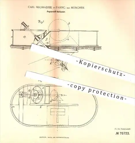 original Patent - Carl Hromadnik , Pasing / München , 1894 , Papierstoff - Holländer , Papier , Papierfabrik , Pappe !!!