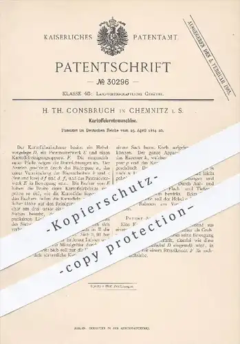 original Patent - H. Th. Consbruch , Chemnitz , 1884 , Kartoffelerntemaschine , Kartoffeln , Landwirtschaft , Bauer !!!